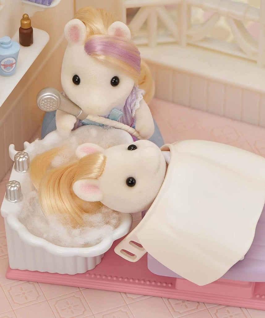 Sylvanian Families Pony's Stylish Hair Salon Set (5642) – 2-Story Salon with Sally Pony Figure, Hair Accessories, Styling Book, Dresser & Shampoo Basin – Educational Role-Playing Toy for Ages 3+