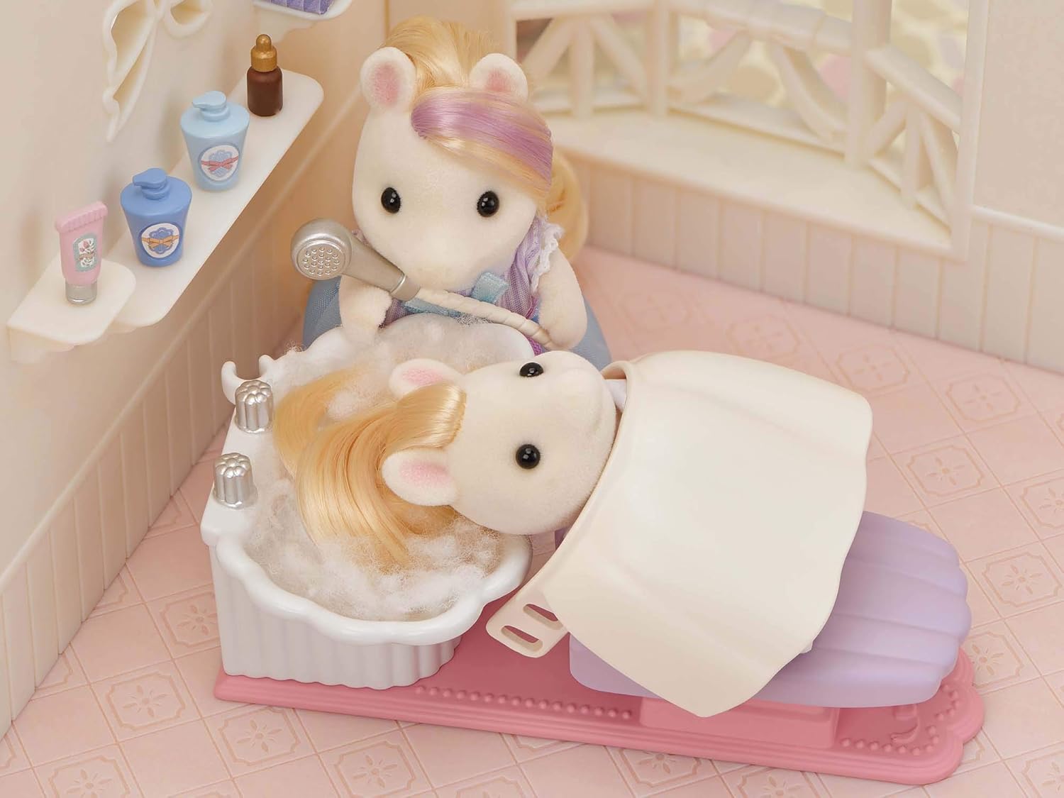Sylvanian Families Pony's Stylish Hair Salon Set (5642) – 2-Story Salon with Sally Pony Figure, Hair Accessories, Styling Book, Dresser & Shampoo Basin – Educational Role-Playing Toy for Ages 3+