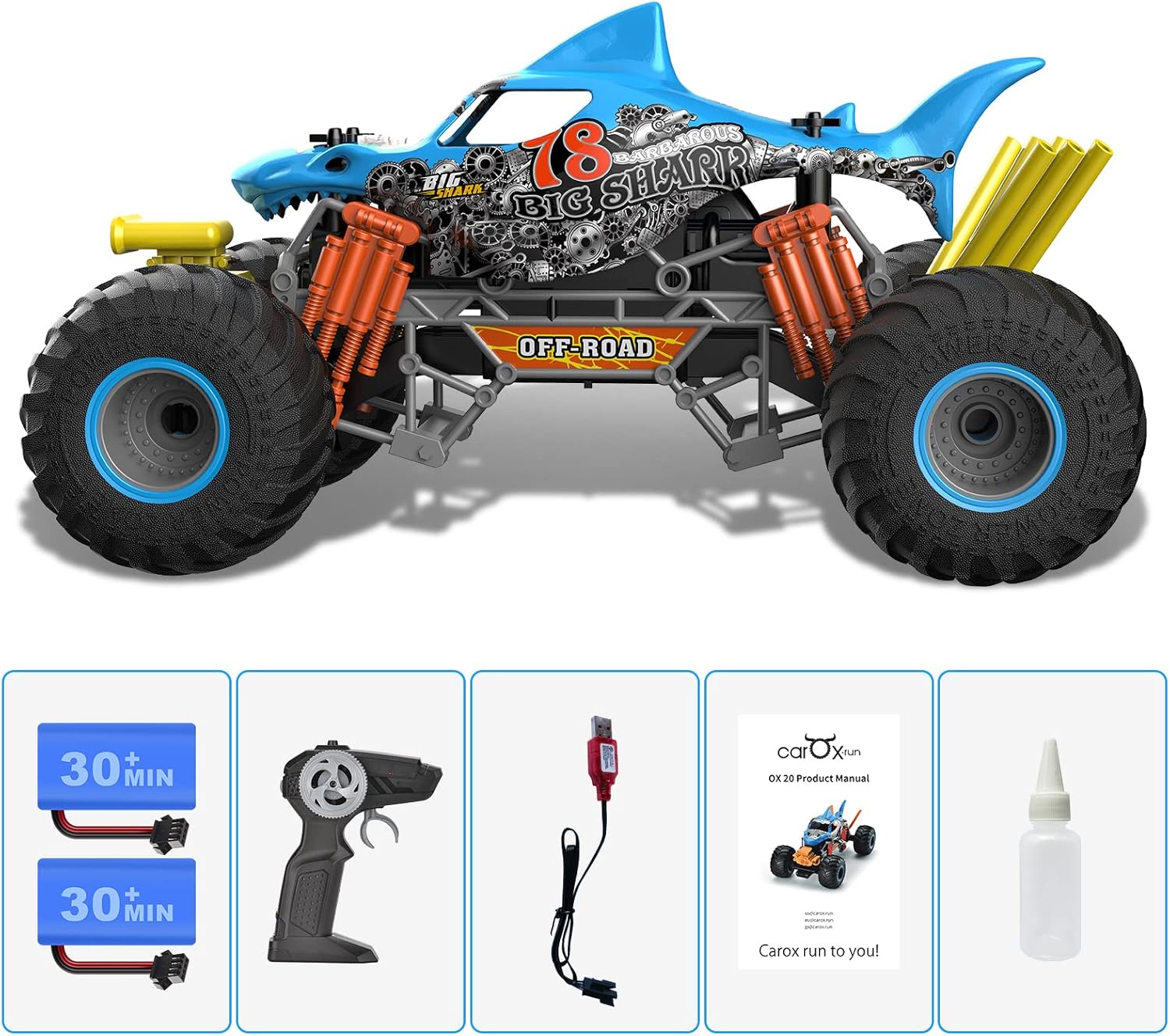 Crazon 1:10 Shark Monster RC Car with Fog Mist Effect, 2.4GHz Remote Control, Dual Rechargeable Batteries, 6+