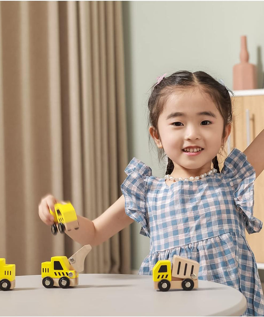 Viga Wooden Construction Vehicles Set, 6-Piece Push Along Play Trucks, Educational Toy, Ages 3+