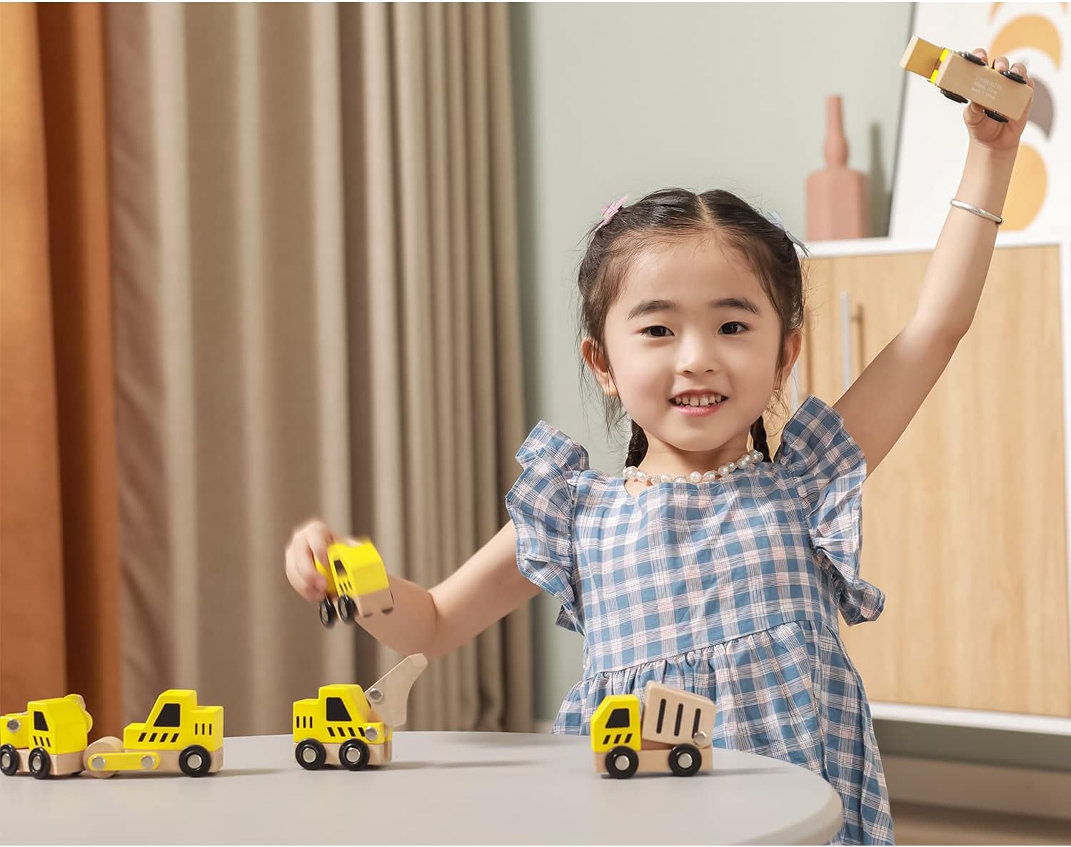 Viga Wooden Construction Vehicles Set, 6-Piece Push Along Play Trucks, Educational Toy, Ages 3+