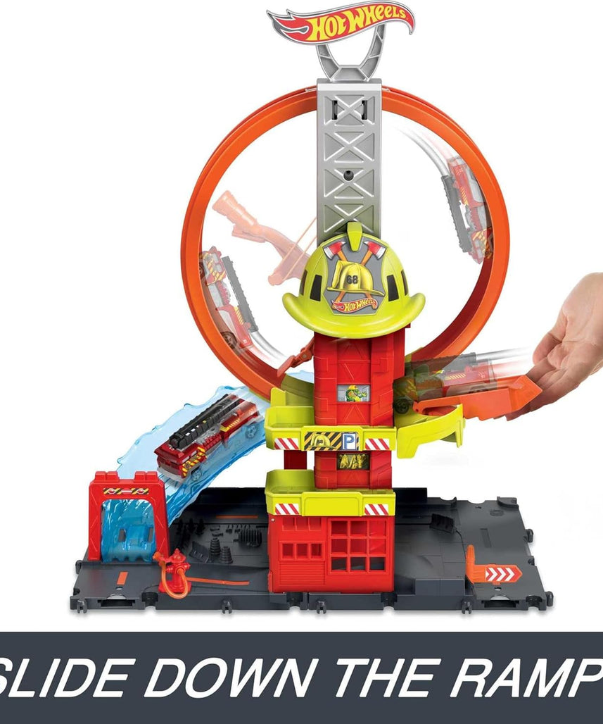 مجموعة ألعاب محطة إطفاء هوت ويلز سيتي سوبر لوب، مجموعة مسارات حلقية قابلة للتعديل مع شاحنة إطفاء واحدة، ميزات محطة الإطفاء، مواقف سيارات ومسارات قابلة للتوصيل، ألعاب للأطفال من سن 4 سنوات فما فوق