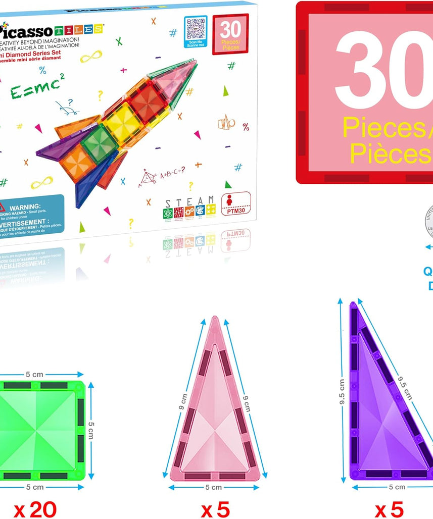 PicassoTiles 30 Piece Magnetic Building Blocks Mini Diamond Series Travel Size On-the-Go Magnet Construction Toy Set STEM Learning Kit Education Playset Child Brain Development Magnets Stacking Blocks
