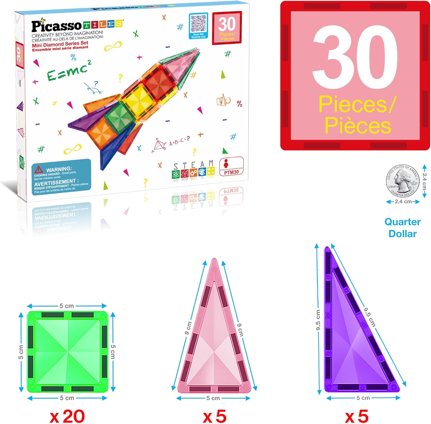 PicassoTiles 30 Piece Magnetic Building Blocks Mini Diamond Series Travel Size On-the-Go Magnet Construction Toy Set STEM Learning Kit Education Playset Child Brain Development Magnets Stacking Blocks