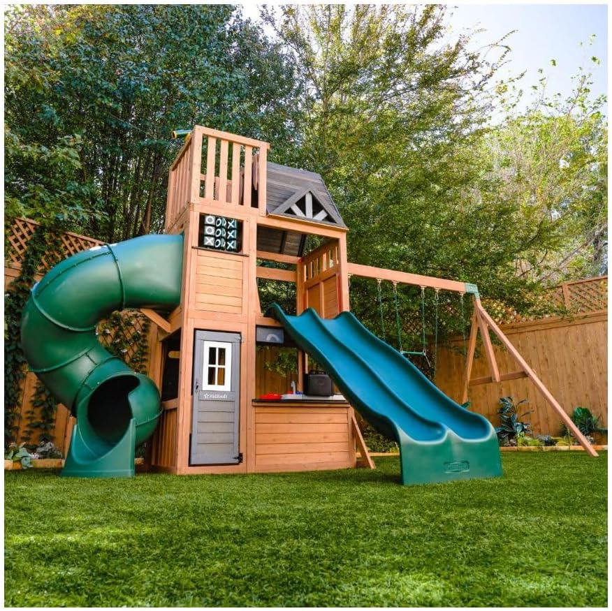 KidKraft Summit View Wooden Swing Set / Playset – Deluxe Outdoor Clubhouse with Slides, Swings, Fireman’s Pole, and Kitchen for Kids Age 3-10 Years