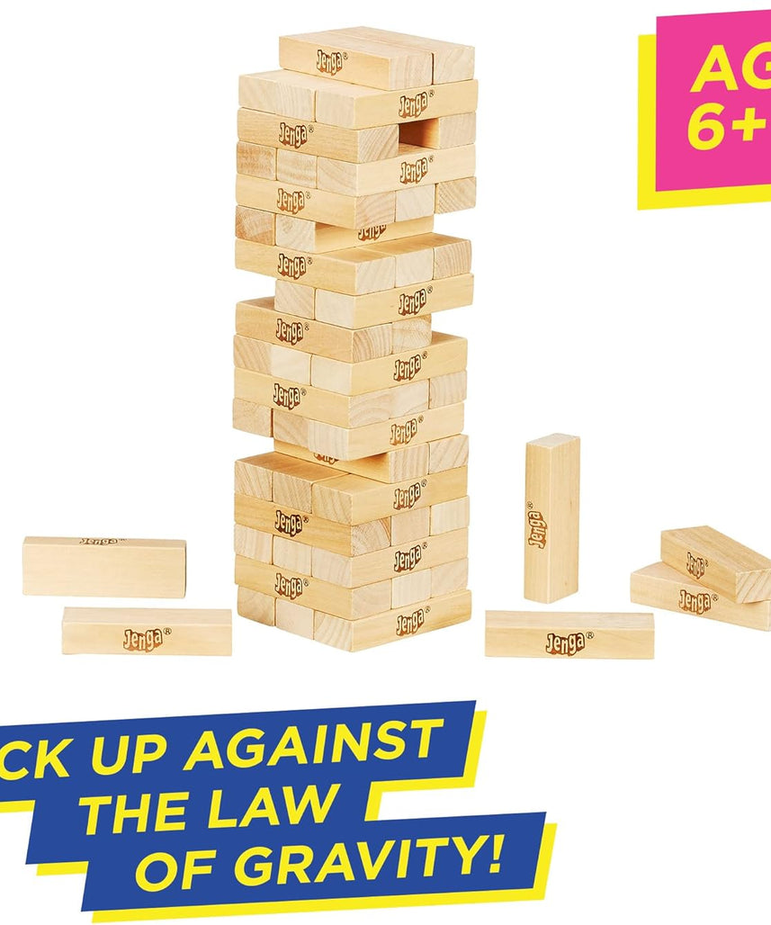 لعبة جينجا الكلاسيكية، جينجا من هاسبرو، ٥٤ مكعبًا من الخشب الصلب، لعبة برج التكديس، لعبة لوحية عائلية، لعبة أطفال، لعبة داخلية، للأعمار من ٦ سنوات فما فوق، لاعب واحد أو أكثر