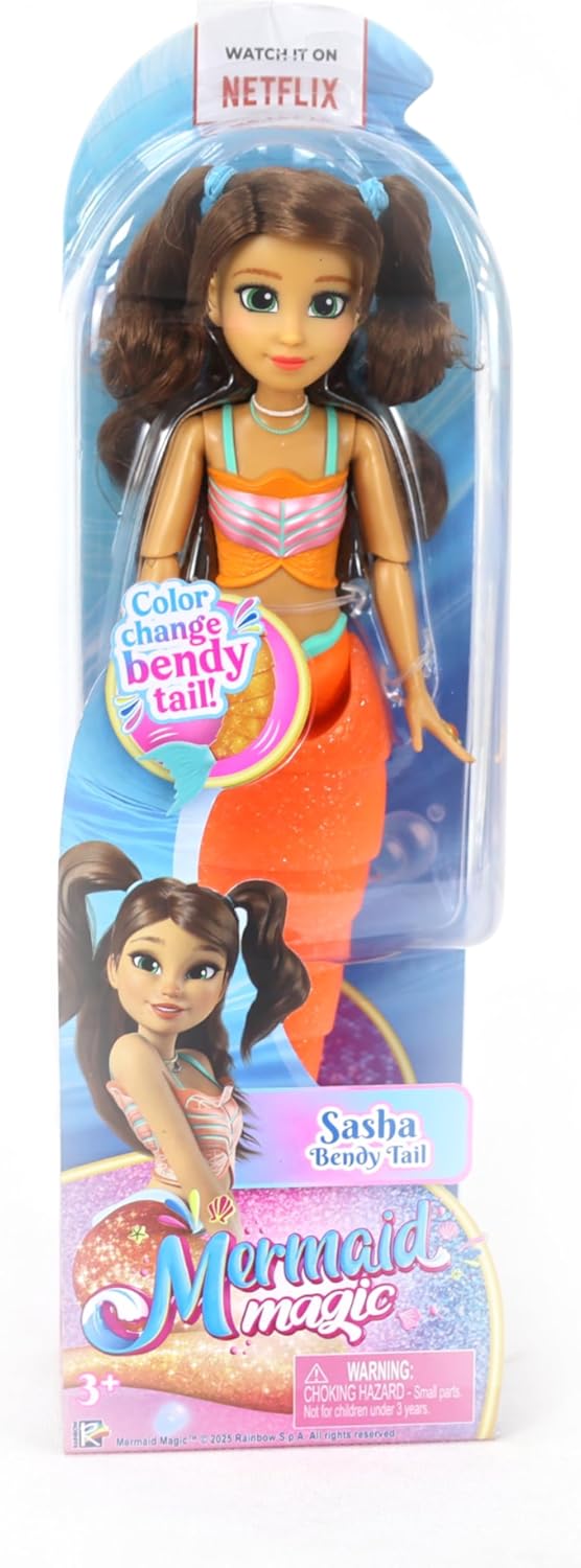 Mermaid Magic Doll 9-Inch Sasha with Bendy Tail, Articulated Doll, With Color Changing Fin, Gift, Girl's Toys, Mermaid Dolls, Figures, Collectible, 3 Years+