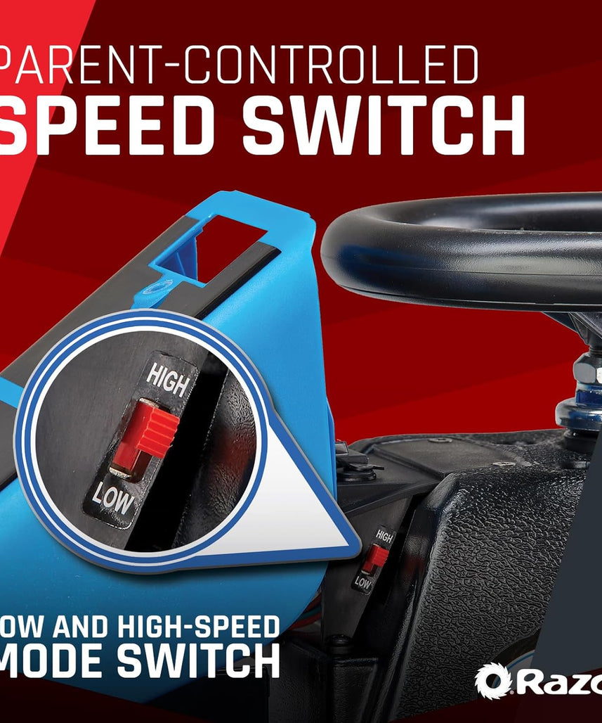 عربة سباق كهربائية Razor Crazy Cart Shift 12 فولت للأطفال من سن 6 سنوات فما فوق، مفتاح سرعة عالية/منخفضة قابل للتعديل، نظام دريفت مبسط، حتى 8 أميال في الساعة، وقت تشغيل 40 دقيقة، أقصى وزن 120 رطلاً