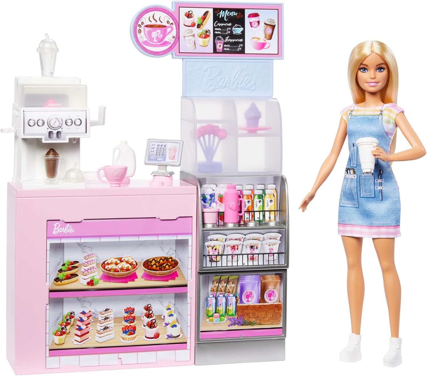 Barbie Naschcafé HXN94 Blonde Barista Doll Playset with Over 12 Accessories Including Coffee Maker/Smoothie Maker, Food and Cups