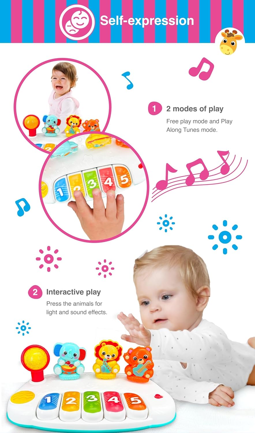 Winfun Jungle Pals Piano Interactive Toy for Kids, Musical Keyboard Baby Toy with Animal Sounds and Light Up Features, Early Learning Music Toy for 12+ Months
