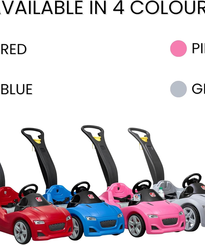 Step2 Whisper Ride Cruiser Kids Push Car with Parent Handle, Seat Belt, Horn & Storage Trunk, Single Seater Ride-On Toy for Boys and Girls, Gray, Pink & Blue, Ages 18 Months+