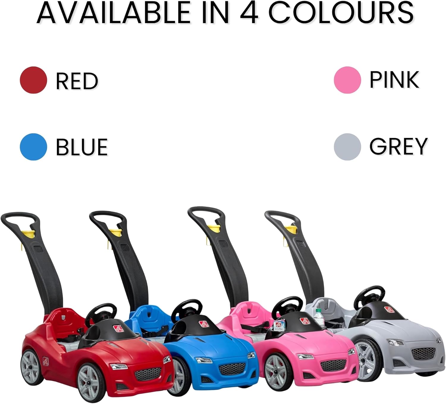 Step2 Whisper Ride Cruiser Kids Push Car with Parent Handle, Seat Belt, Horn & Storage Trunk, Single Seater Ride-On Toy for Boys and Girls, Gray, Pink & Blue, Ages 18 Months+