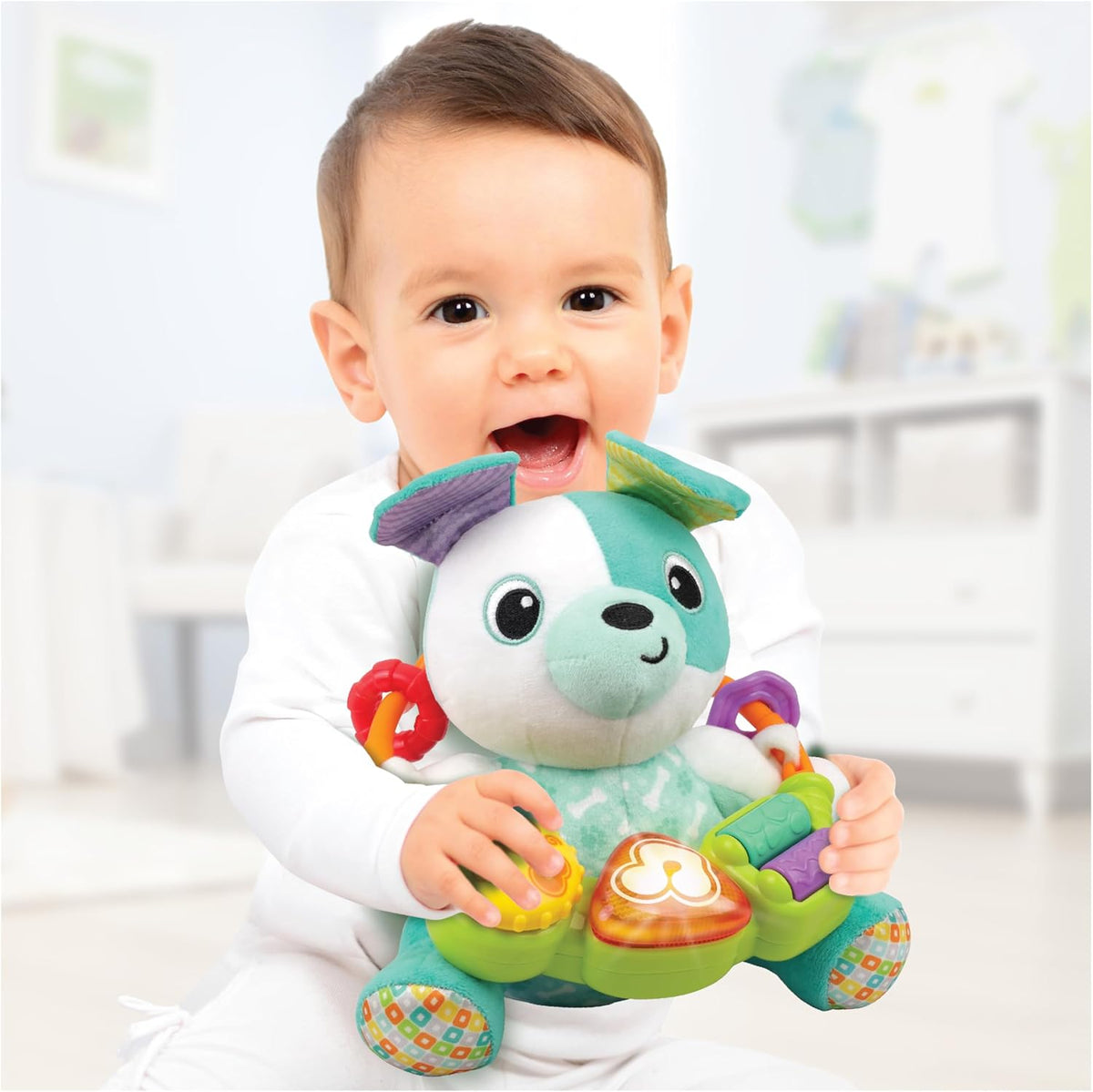 Winfun Play-With-Me Puppy Toy, Plush Interactive Baby Toy with Lights, Sounds & Activity Rings, Sensory Development Toy for Newborns