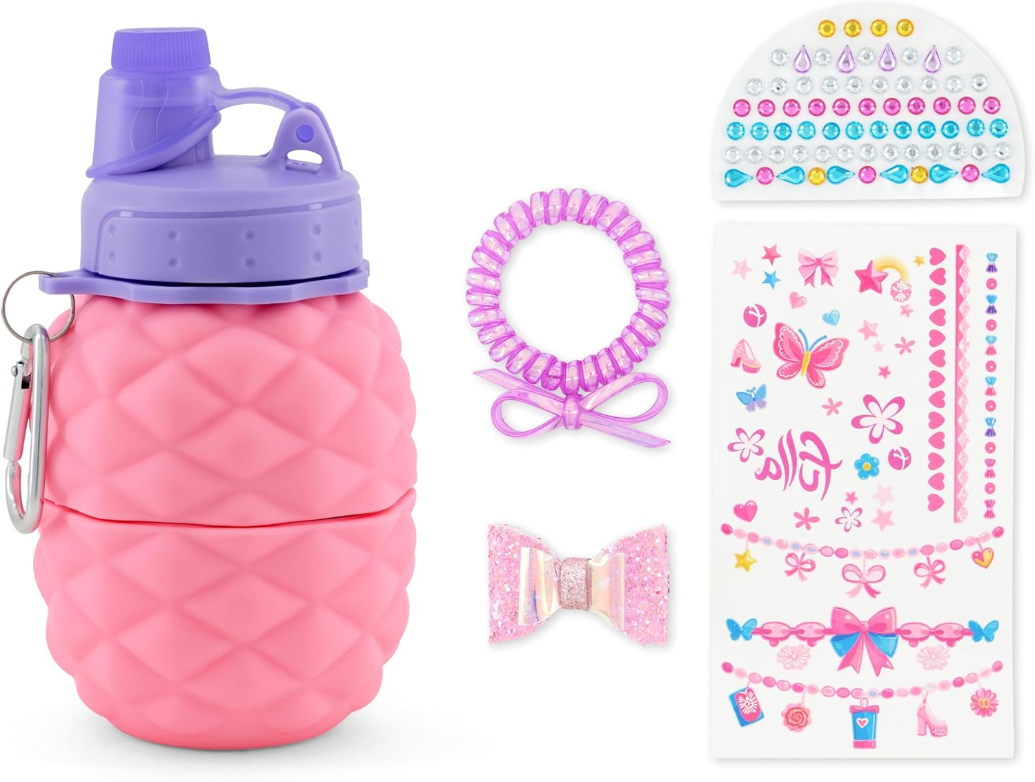 Fulla Expandable Water Bottle for Kids, Collapsible Silicone Cup with Butterfly Hair Clip, Tattoo Sticker & Gem Sheet, Ages 5+
