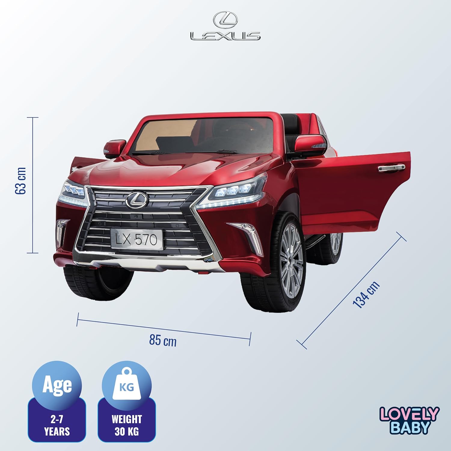 Lovely Baby Lexus LX570 SUV Ride-On Car for Kids, 3+ Years, Remote Control, LED Lights, Music, Openable Doors – Red, Gold, or Blue