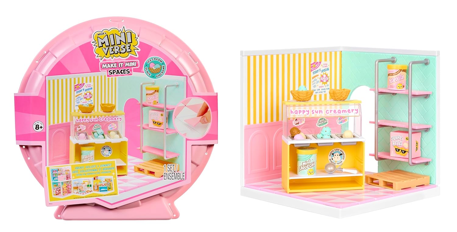 MGA’s Miniverse Make It Mini Spaces Starter Pack Pink, Buildable Custom Scene with Panels, Floor, Furniture, Wallpaper, Surprise Ingredients, NFC Card & Display, Ice Cream & Pizza Shop Themes- 566212