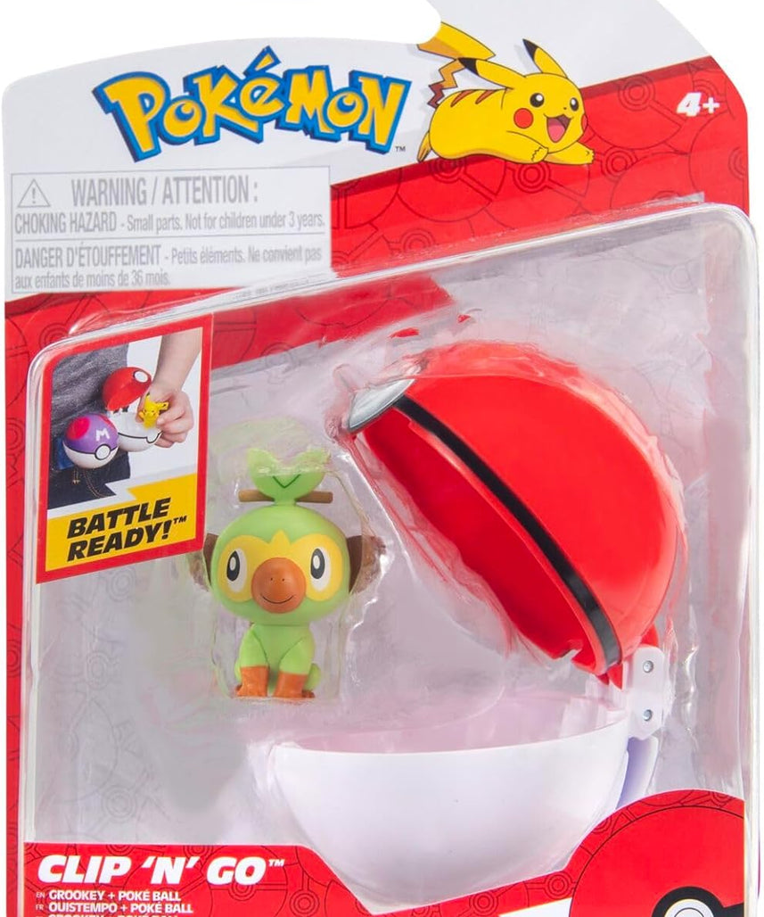 Pokemon Clip n Go - Grookey with Pokeball, Action Figures, Official Detailed Figurines, Collectibles, Figure with Poke Ball, 4 Years+
