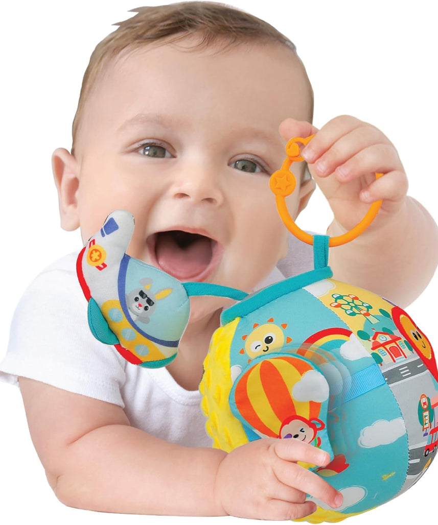Winfun Lil Traveller Activity Ball Sensory Travel Toy for Baby Boys and Girls Ages 3 Months and Up Fine Motor Skill Development with Sounds Textures and Stroller Clip