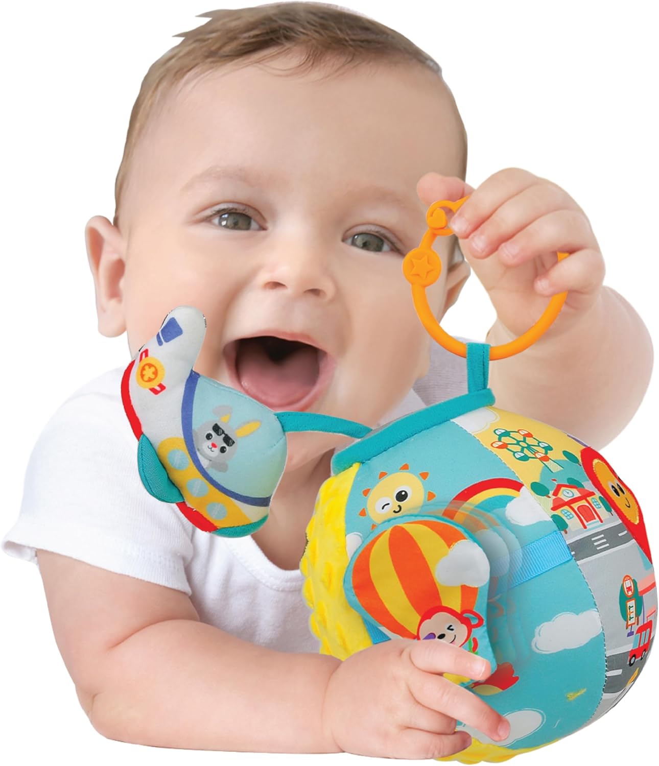 Winfun Lil Traveller Activity Ball Sensory Travel Toy for Baby Boys and Girls Ages 3 Months and Up Fine Motor Skill Development with Sounds Textures and Stroller Clip