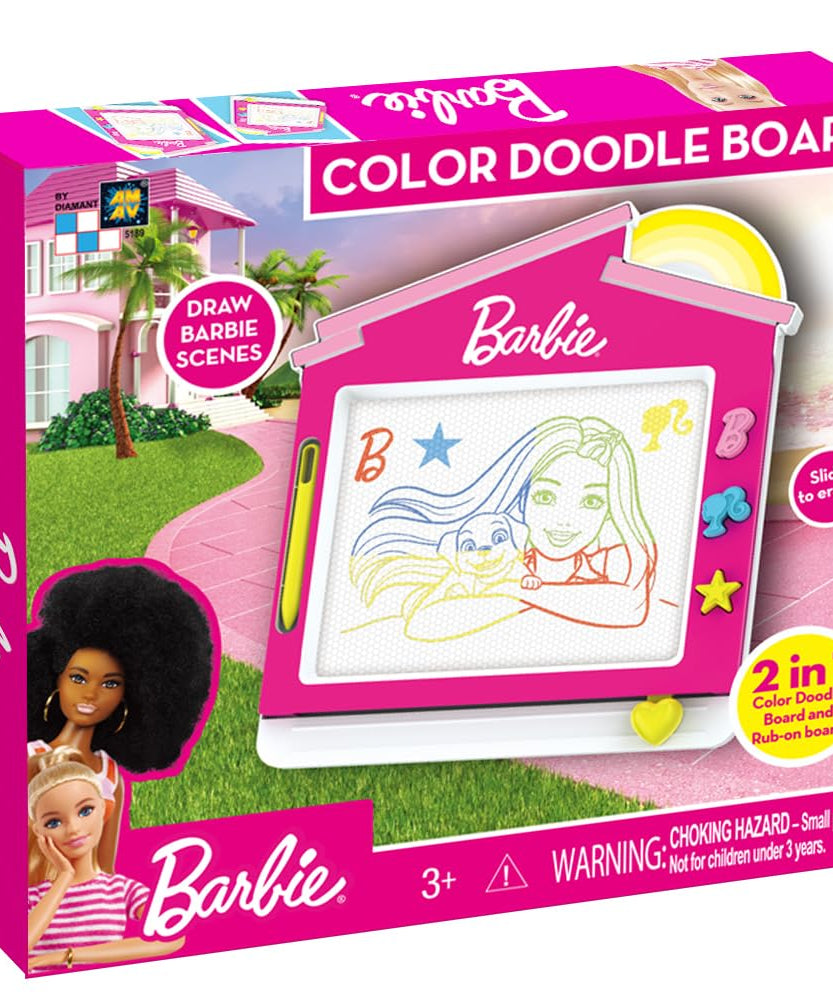 Barbie Color Magnetic Doodle Board with Erasable Drawing Surface and Rub-On Character Designs, Portable Creativity and Art Toy for Kids, 3Y+ Years