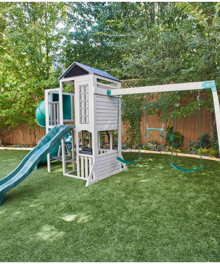 KidKraft Silver Sands Wooden Swing Set with Slides, Swings, Acrobar, Clubhouse and Picnic Table, Outdoor Playset for Kids Ages 3–10