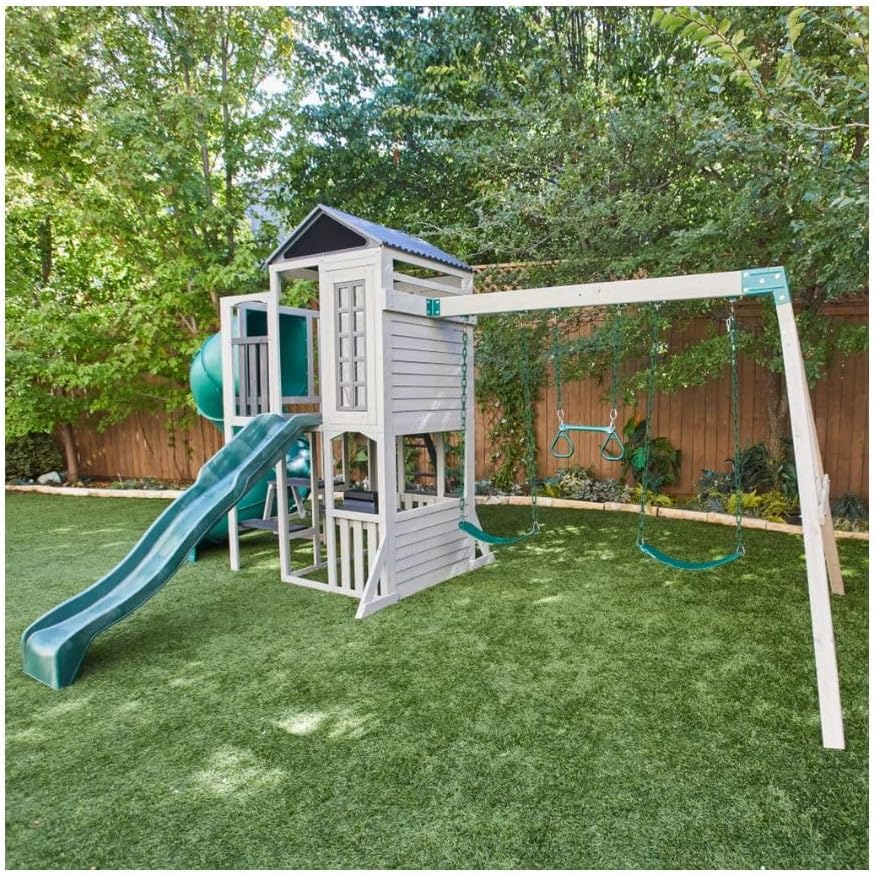KidKraft Silver Sands Wooden Swing Set with Slides, Swings, Acrobar, Clubhouse and Picnic Table, Outdoor Playset for Kids Ages 3–10