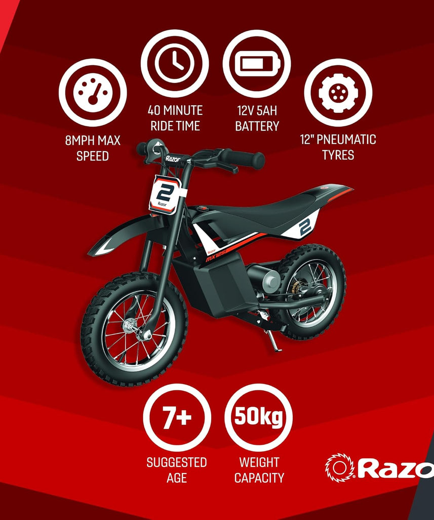 دراجة Razor MX125 Dirt Rocket الكهربائية للأطفال من سن 7 سنوات فما فوق، محرك عزم دوران عالي 100 واط، دفع خلفي، سرعات تصل إلى 8 أميال في الساعة، وقت تشغيل 40 دقيقة، لون أسود