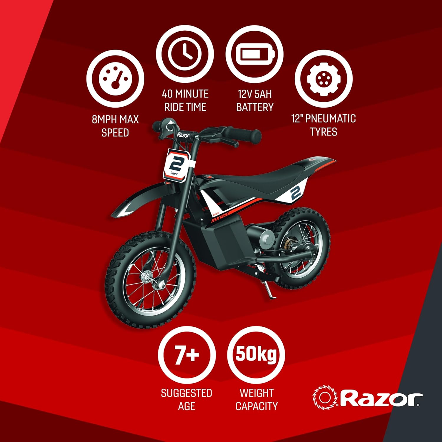 دراجة Razor MX125 Dirt Rocket الكهربائية للأطفال من سن 7 سنوات فما فوق، محرك عزم دوران عالي 100 واط، دفع خلفي، سرعات تصل إلى 8 أميال في الساعة، وقت تشغيل 40 دقيقة، لون أسود
