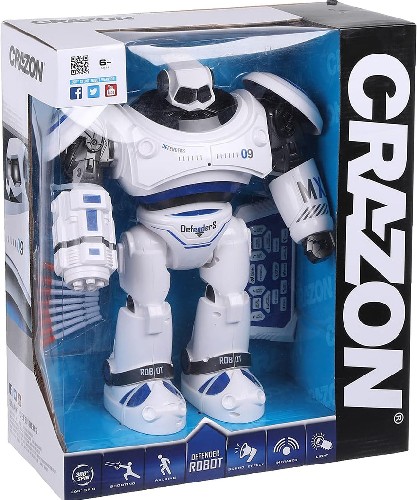 Crazon 701B Battle Defender Robot, White and Blue, Remote Control Action Robot with Lights, Sounds, Motion Functions, Kids 6+