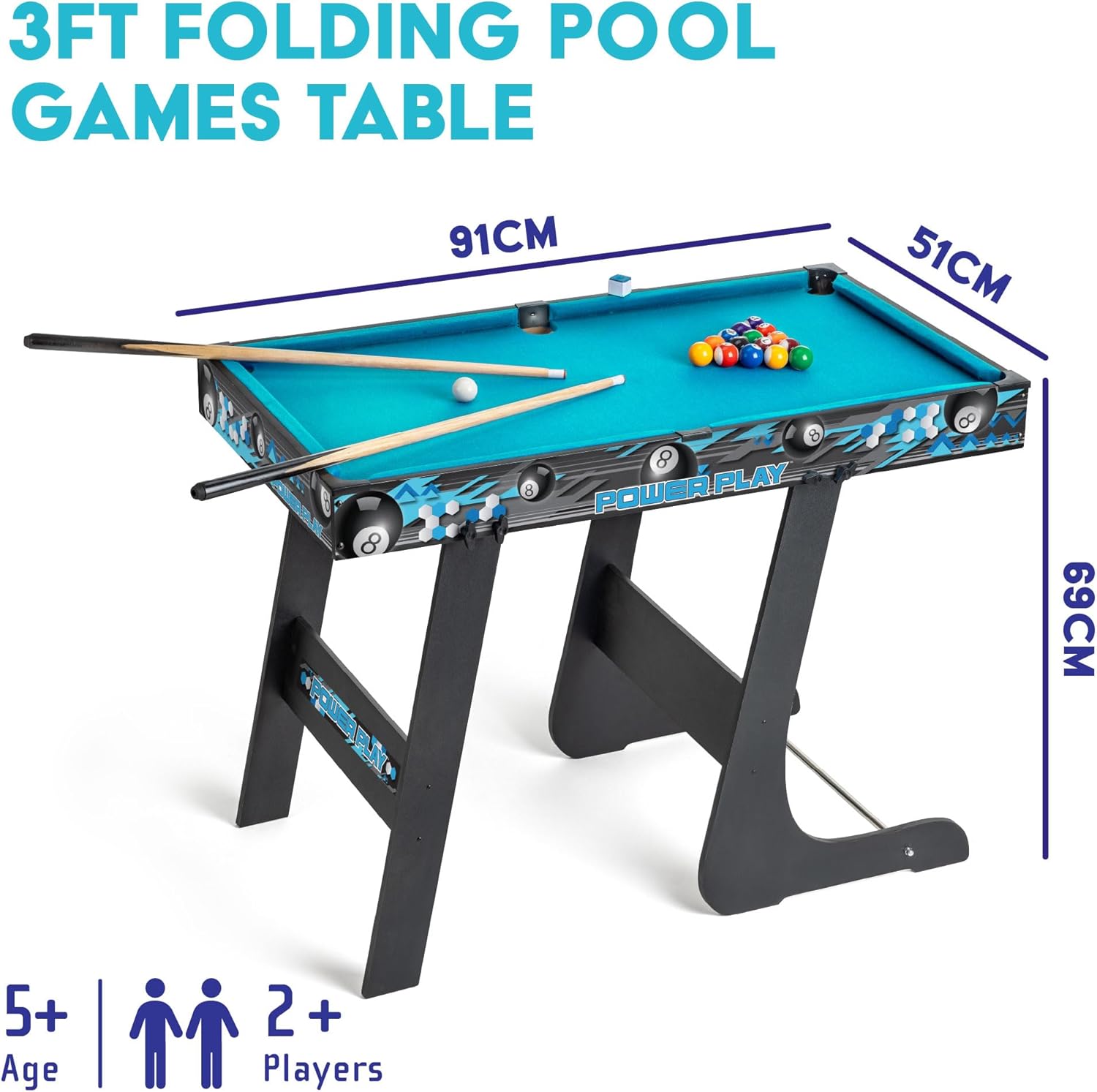 Powerplay 3ft Folding Pool Table Game, Mini Pool Table for Kids and Adults, Compact Wooden Snooker Table, Portable Design with Easy Storage, Indoor Game Table for Boys and Girls 5 Years+
