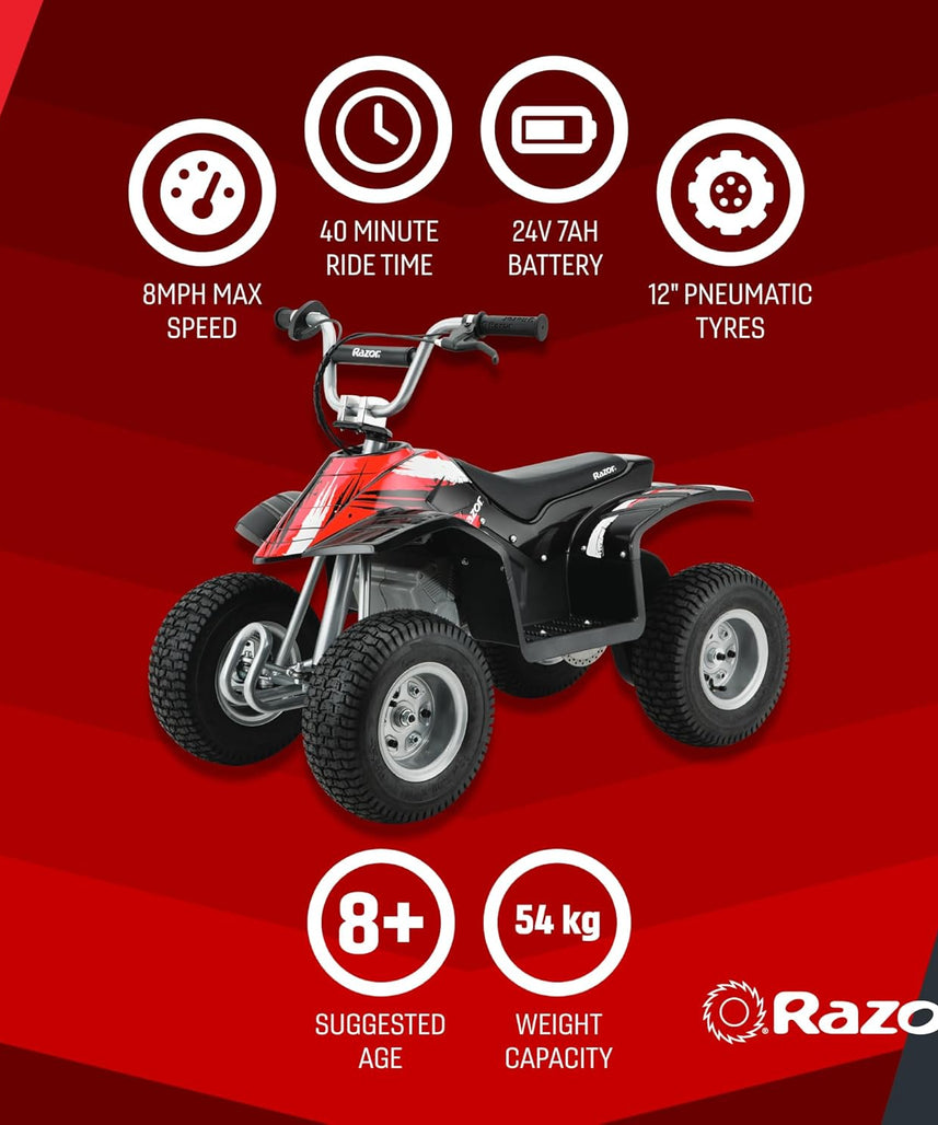 دراجة Razor Dirt Quad الكهربائية رباعية العجلات، بقوة 24 فولت، مناسبة للأطفال من سن 8 سنوات فما فوق، مزودة بخانق دوار، وفرامل قرصية يدوية، وإطارات هوائية 12 بوصة - تصل سرعتها إلى 8 أميال في الساعة، ومدة ركوبها 40 دقيقة.
