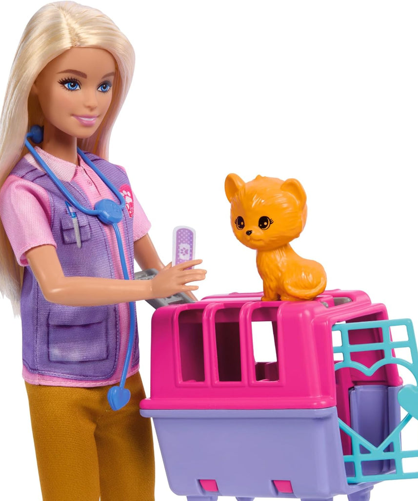 مجموعة ألعاب إنقاذ الحيوانات من باربي مع دمية شقراء وشخصيات قرد صغير ونمر وإكسسوارات للأطفال من سن 3 سنوات فما فوق