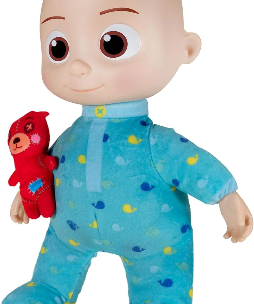 CoComelon Official Musical Bedtime JJ Doll, Soft Plush Baby Toy with Sounds, Press Tummy to Sing Yes Yes Bedtime Song, Includes Teddy Bear Pillow Plush, Toddler Bedtime Toy, 18 Months+