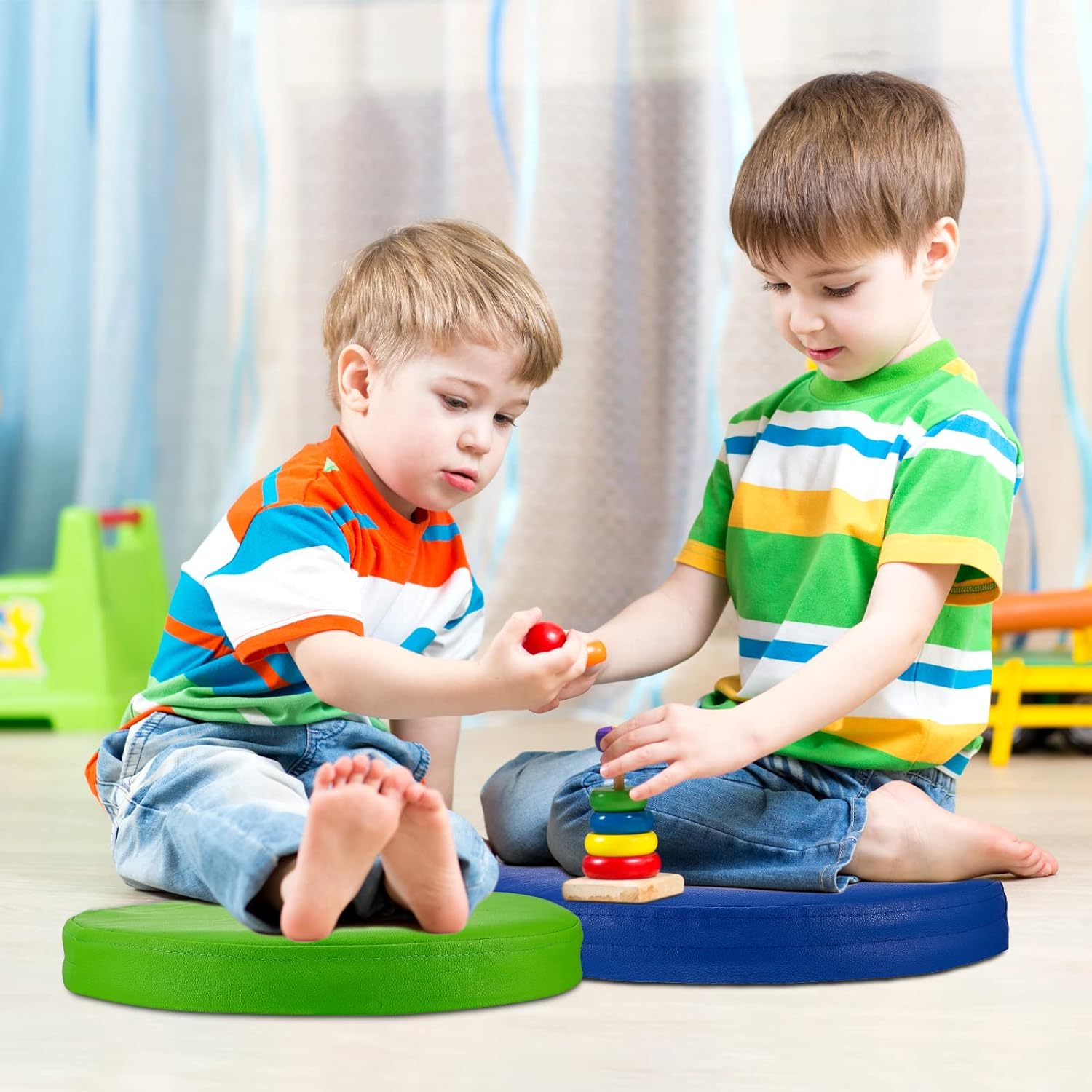 SoftScape Round Floor Cushions 15 Inch 6 Piece Set, Kids Flexible Seating with Handles and Non Slip Base, Foam Classroom and Playroom Floor Pillows, Ages 2+