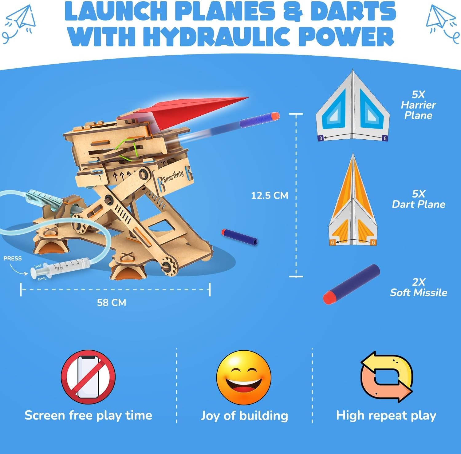 Smartivity Hydraulic Plane Launcher DIY STEM Toy for Kids 6+ Years, Aerodynamics and Hydraulic Science Kit, Educational Construction Game, Multicolor