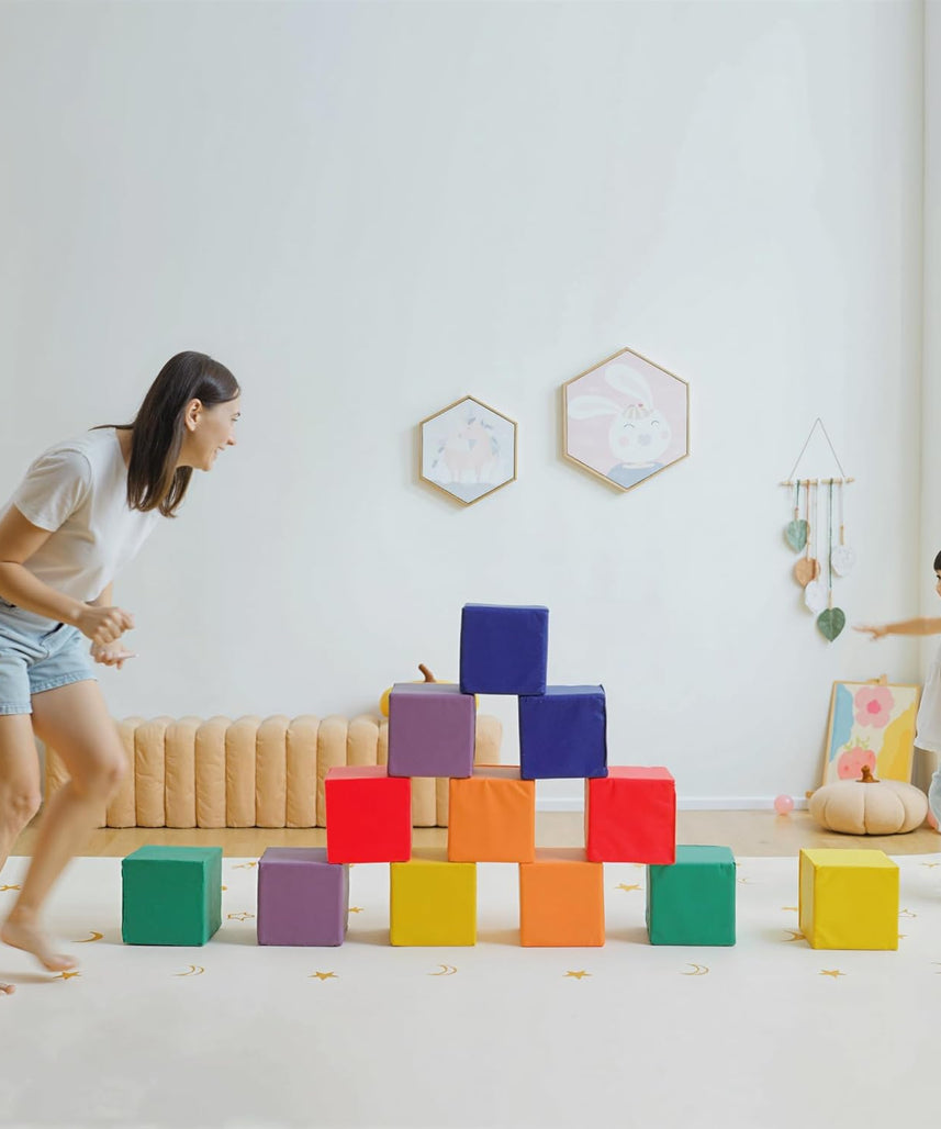 12 Piece Soft Play Foam Blocks Set for Toddlers, Baby Climbing Stacking Building Blocks, Indoor Learning Activity Toy, Safe PU Foam Playset, Ages 18 Months+