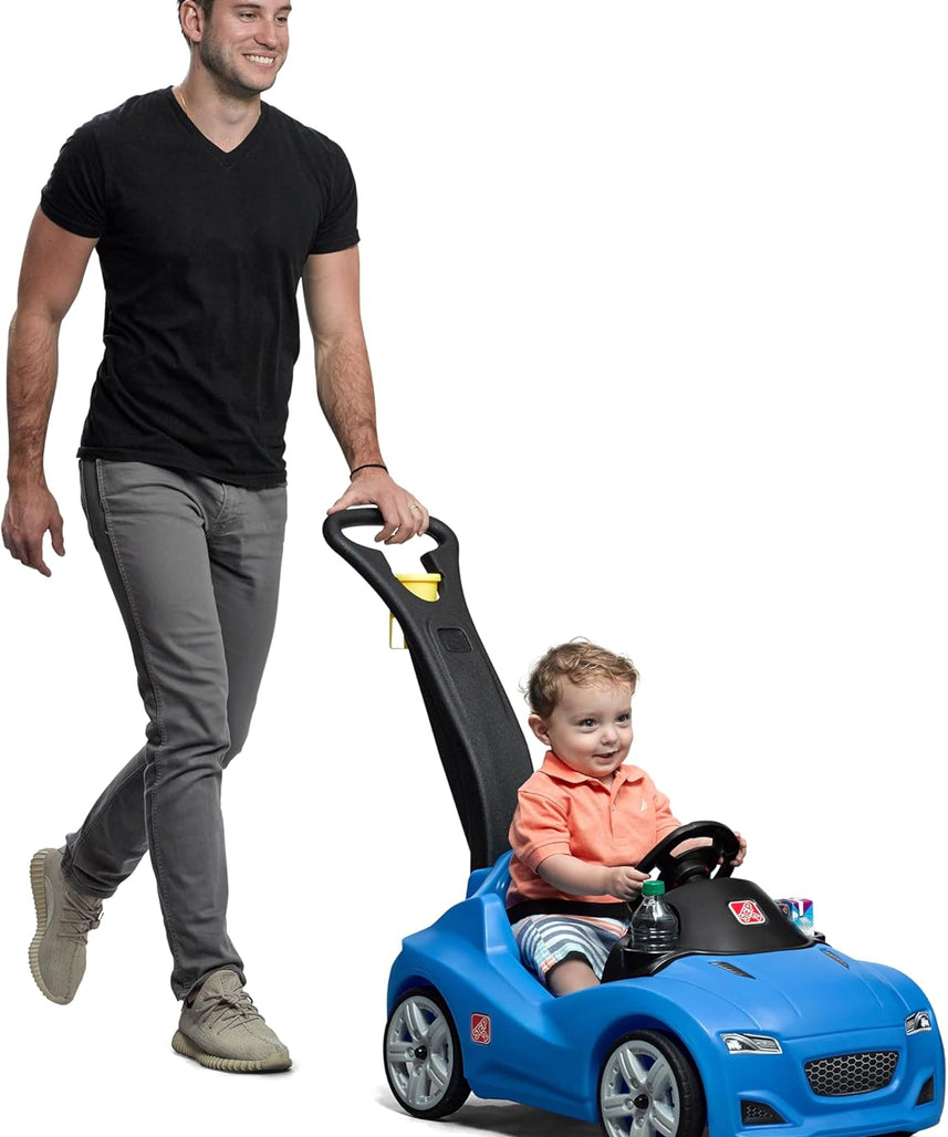 Step2 Whisper Ride Cruiser Kids Push Car with Parent Handle, Seat Belt, Horn & Storage Trunk, Single Seater Ride-On Toy for Boys and Girls, Gray, Pink & Blue, Ages 18 Months+