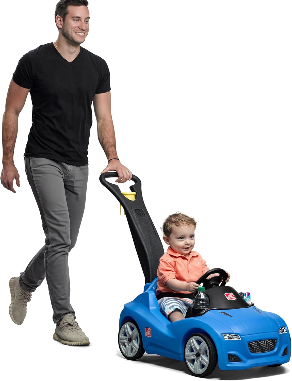 Step2 Whisper Ride Cruiser Kids Push Car with Parent Handle, Seat Belt, Horn & Storage Trunk, Single Seater Ride-On Toy for Boys and Girls, Gray, Pink & Blue, Ages 18 Months+