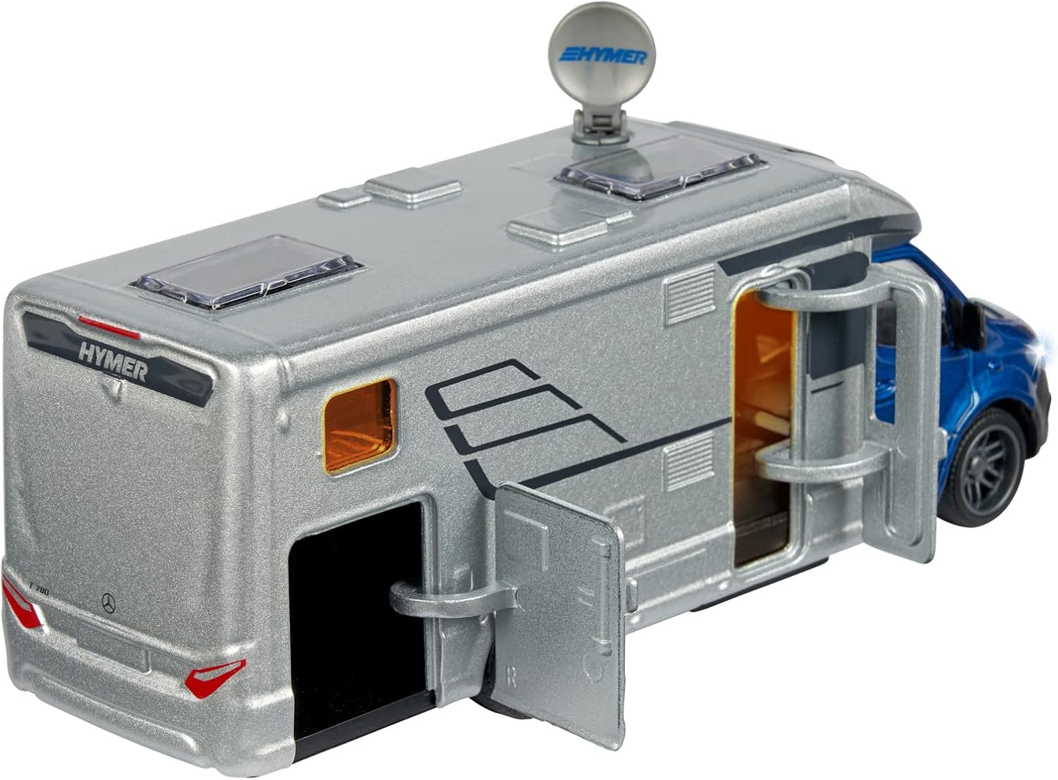 Majorette Grand Series – Hymer B-Class 780T Camper Die-Cast Vehicle with Lights, Sound Effects, Fold-Out Satellite Dish, Metal Cabin & Camper, One Size