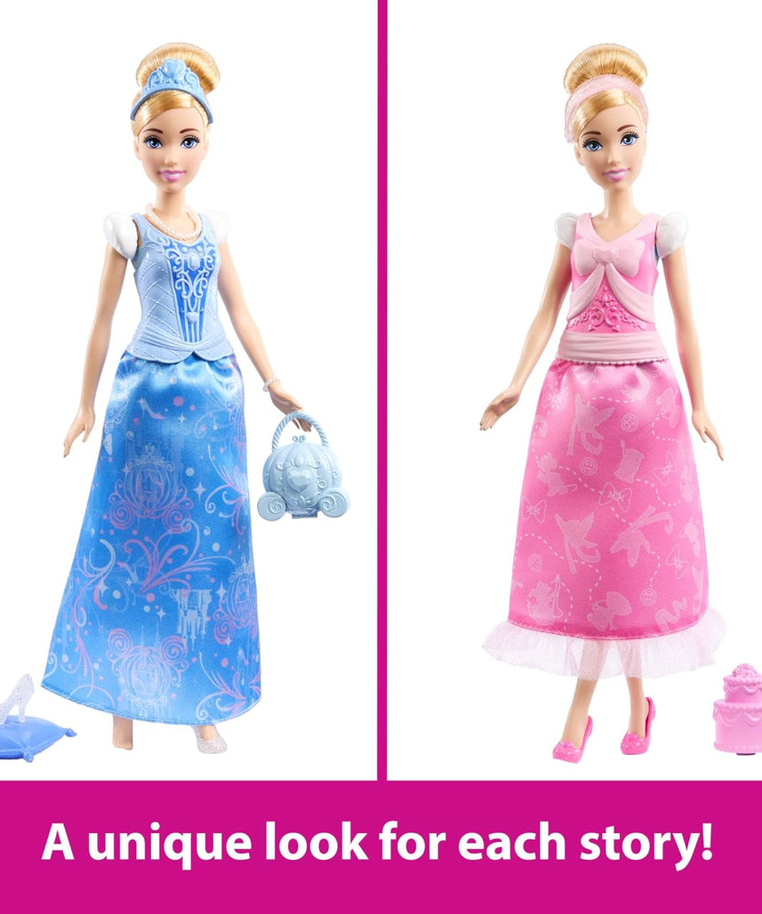 Mattel Disney Princess Toys, Cinderella Fashion Doll with 2 Looks, 9 Accessories, 2 Snap-On Bodices & 2 Skirts, 2-in-1 Stories Inspired by Disney Movie