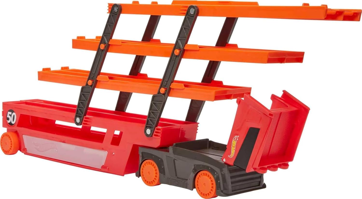 Hot Wheels LSV Mega Hauler Rig, Multi-Level Car Transporter, Holds Up to 50 Cars, Connects to Hot Wheels Tracks, Includes Ramp and Storage, Kids Toys for Ages 4 and Up