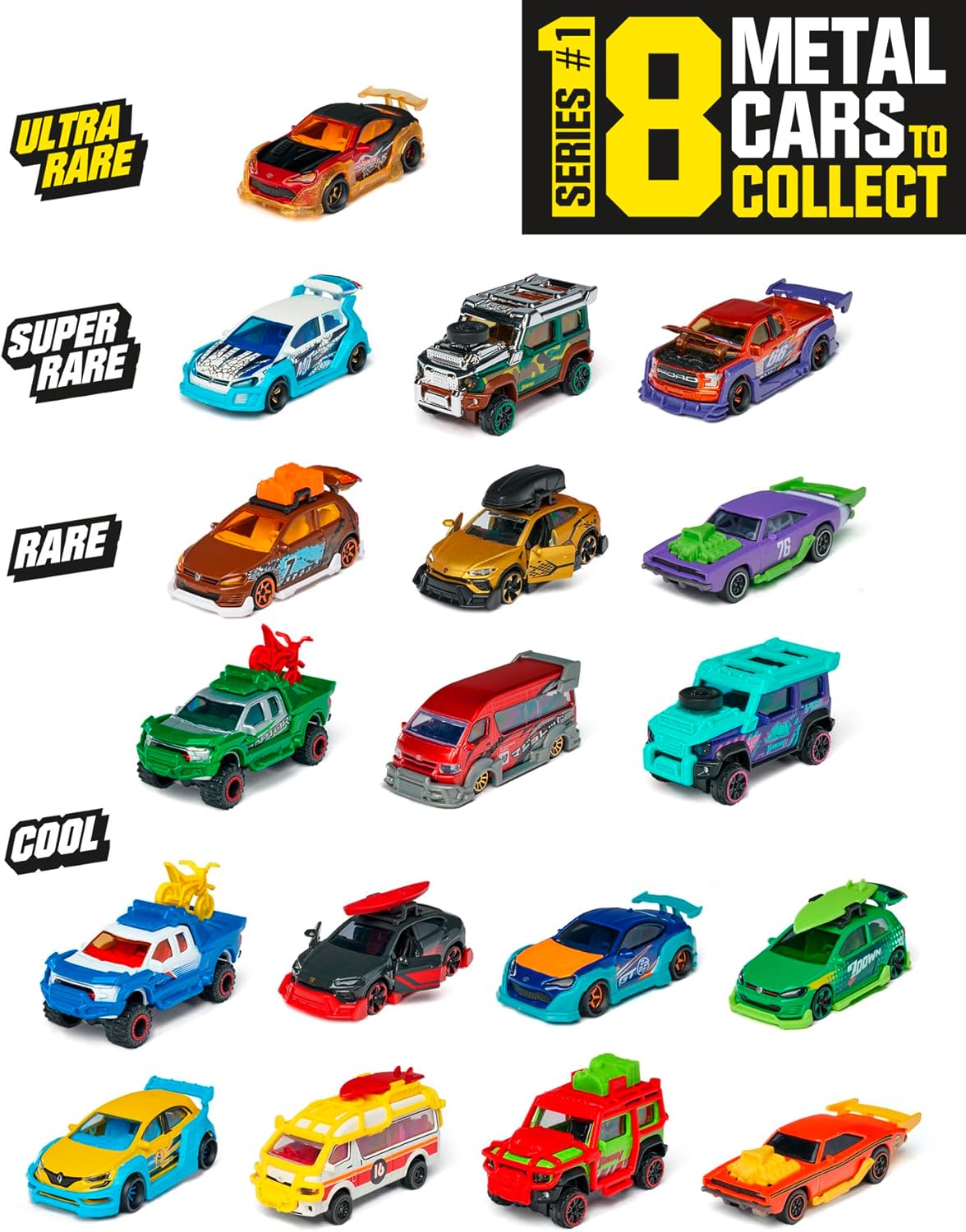 Majorette Tune Ups Series 1 – 4-Piece Metal Car Surprise Pack with 28 Tuning Accessories, Collectible Cars with Freewheel, Suspension, and Opening Parts, Ages 5+