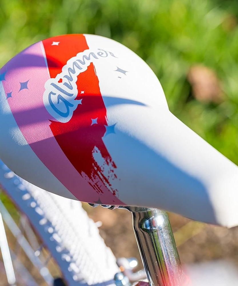 Huffy Glimmer Girls Bike 18 Inch, Red and White, Single-Speed Kids Bicycle with Removable Stabilisers, Front Storage Pouch, Quick Connect Assembly, Ages 6-8