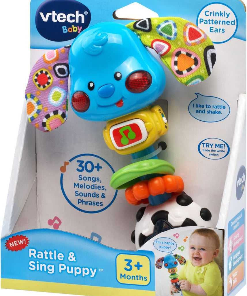 VTech Rattle and Sing Puppy Baby Musical Rattle with Lights Sounds and Textures Multicolour 3–36 Months