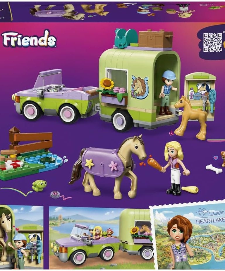 LEGO Friends Horse & Baby Foal Trailer - Horse Toy Playset w/Grooming Accessories, 4 Animal Figures, Car & 2 Mini Dolls - Birthday Gift Idea for 7+ Year Old Girls - 42695