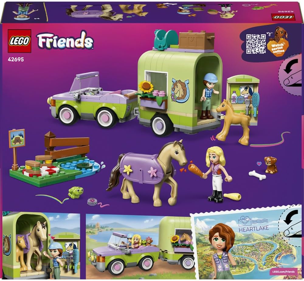 LEGO Friends Horse & Baby Foal Trailer - Horse Toy Playset w/Grooming Accessories, 4 Animal Figures, Car & 2 Mini Dolls - Birthday Gift Idea for 7+ Year Old Girls - 42695