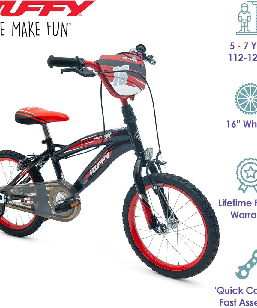 Huffy Moto X 16 Inch Kids Bike, Black, Unisex Youth Bicycle with Stabilisers, BMX Styling, Quick Connect Assembly, Ages 5-7