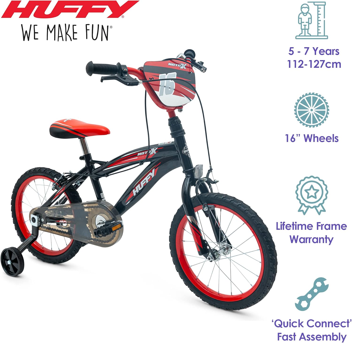 Huffy Moto X 16 Inch Kids Bike, Black, Unisex Youth Bicycle with Stabilisers, BMX Styling, Quick Connect Assembly, Ages 5-7