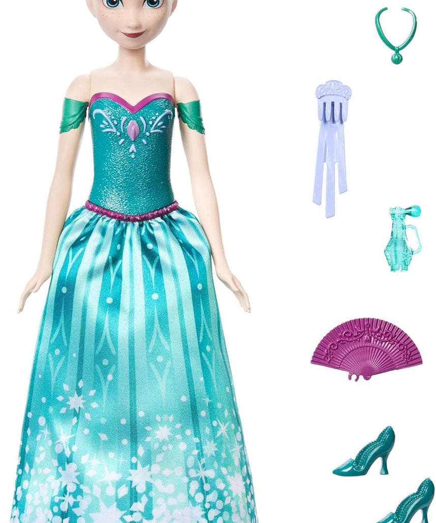 Mattel Disney Frozen Anna Fashion Doll Set Spin & Reveal with 11 Surprises Including 5 Accessories, 5 Stickers and a Play Scene Inspired by Disney Movie JBG60