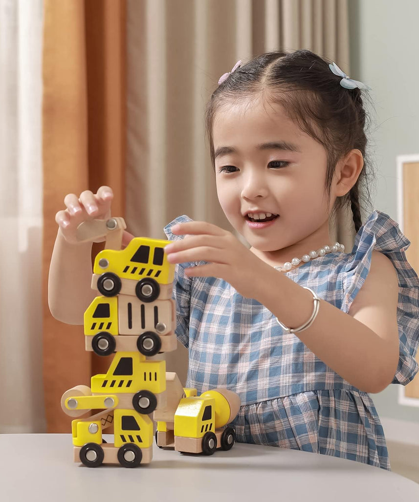 Viga Wooden Construction Vehicles Set, 6-Piece Push Along Play Trucks, Educational Toy, Ages 3+